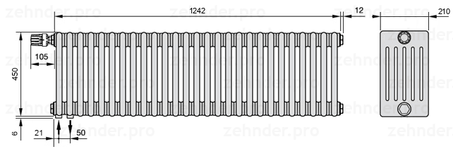 Схема (чертеж) Радиатор Zehnder Charleston 6045/27 №V001 Белый глянцевый RAL 9016